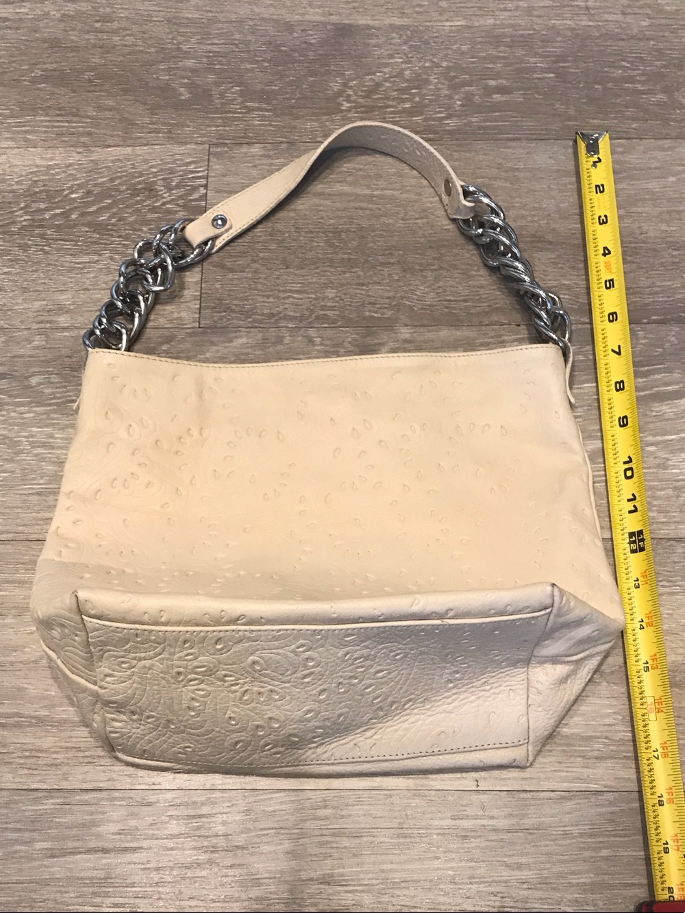 Bata Cream Embossed Shoulder Bag with Silver Chain Strap
